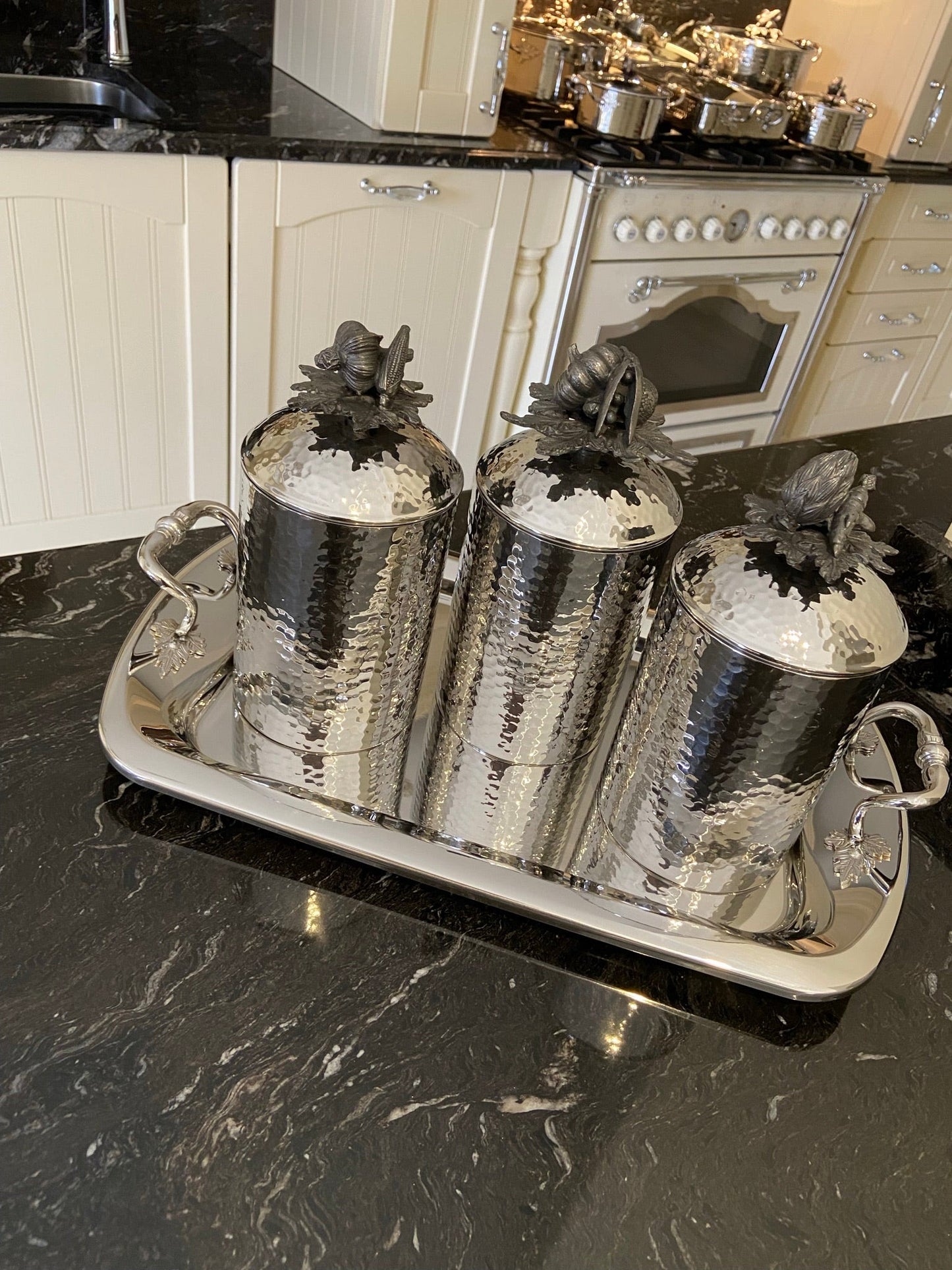 SILVER VEGETABLE CANISTERS & TRAY FROM