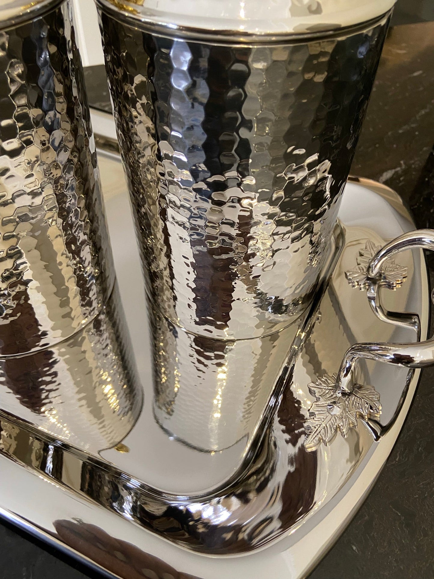 SILVER VEGETABLE CANISTERS & TRAY FROM