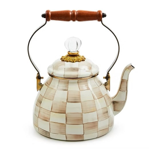 PRE ORDER  mocha Check Enamel Tea Kettle - 3 Quart