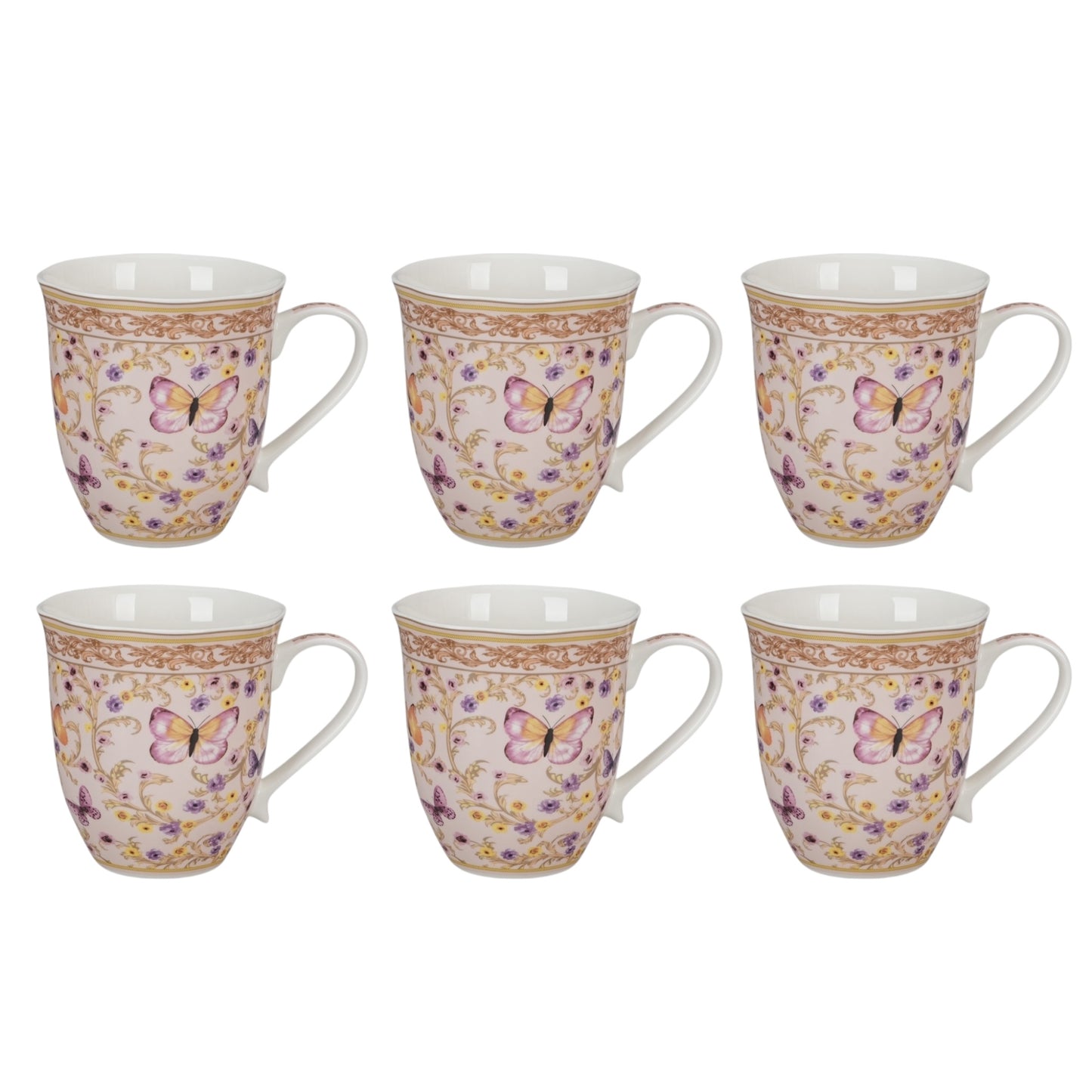 Pink butterfly set of six mugs