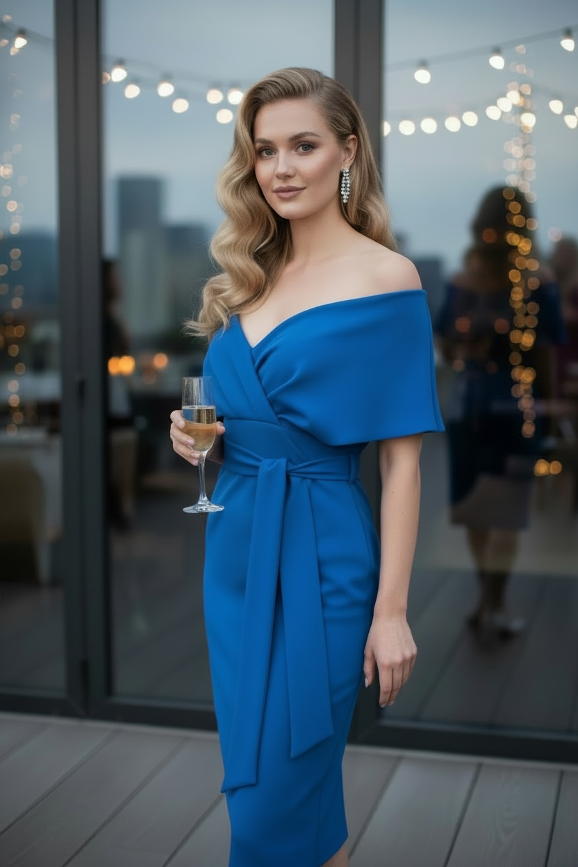 blauwe knielange kokerjurk