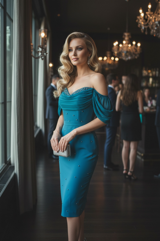 Blauwgroene kokerjurk op knielengte