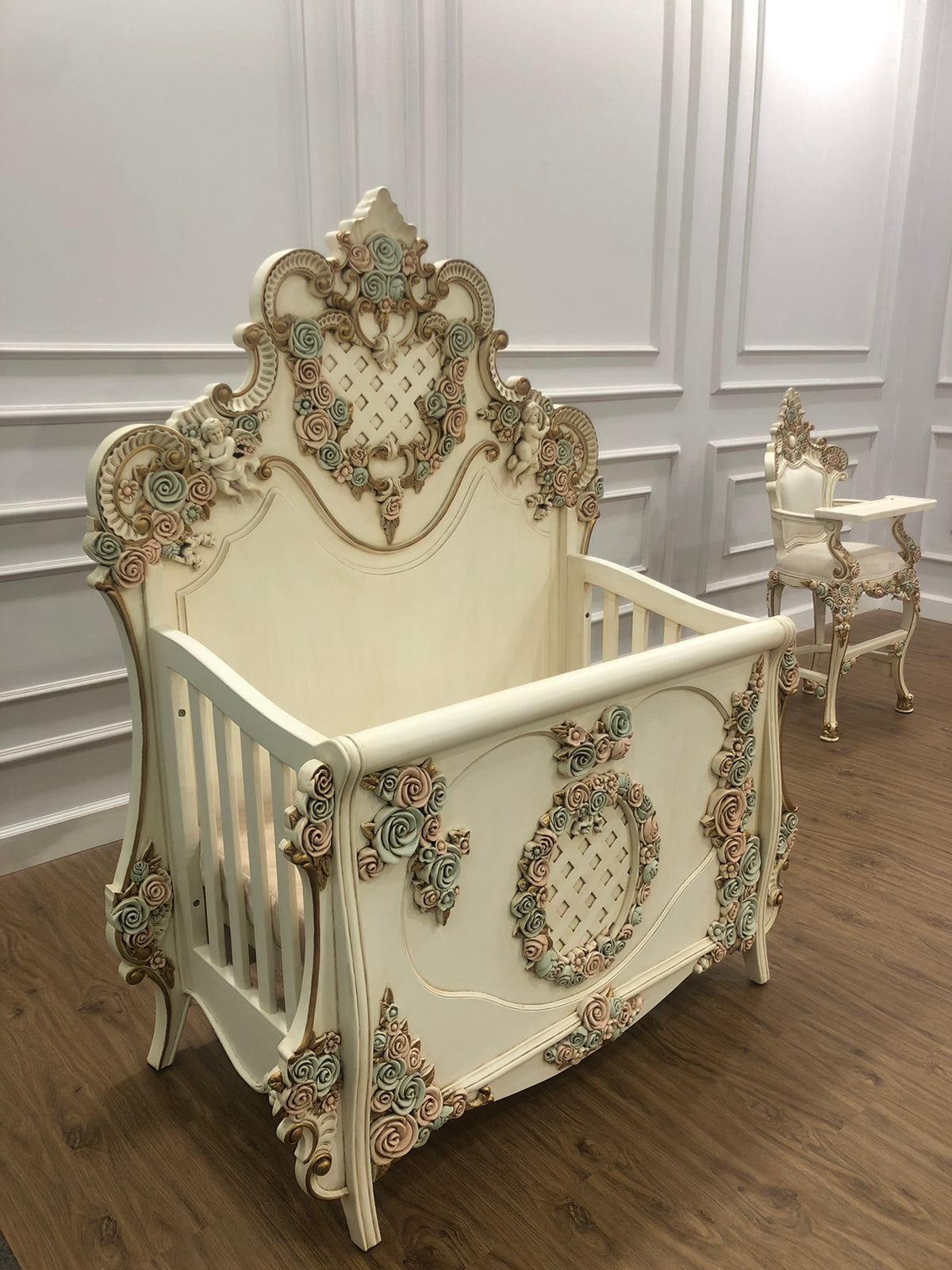 Hand carved bespoke crib & high chair set